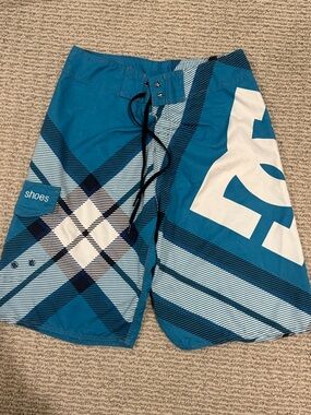 DC Men's Black/Teal Blue Plaid Board Shorts -Size 30